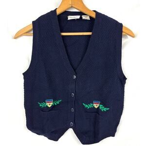 Vintage Dark Blue Knit Cotton Sweater Vest Petite OO Embroidered Preppy Y2K